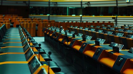 Naklejka premium Empty Parliament Hall with Rows of Desks and Voting Devices. Modern government assembly room ready for legislative activities. Captivating perspective showcasing democracy in action. AI