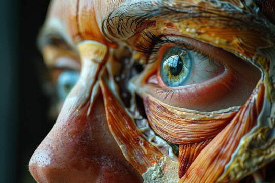 Detailed anatomical model of the human face, showcasing the intricate muscles and tissues around the eye area.