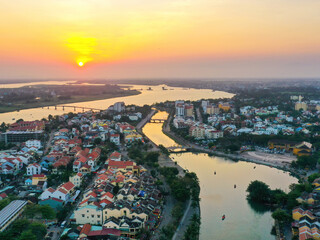 Aerial drone view of Hoi An city, Vietnam. Ancient town, UNESCO world heritage, at Quang Nam province. One of the most popular touristic destinations