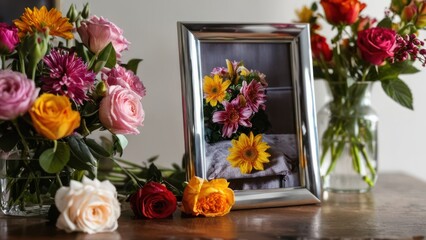 a picture frame sitting on top of a table next to a bunch of flowers