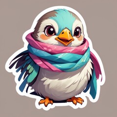 Sticker of a cute baby sparrow bird wearing colorful scarf. 3D cartoon style, isolated on a simple background.