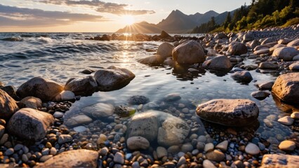 a body of water surrounded by rocks and gravel
