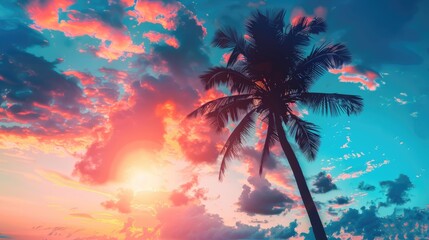 Silhouette of palm tree against a sunset sky with abstract background Concept of summer holiday and exploring nature Soft color filter for a dreamy effect