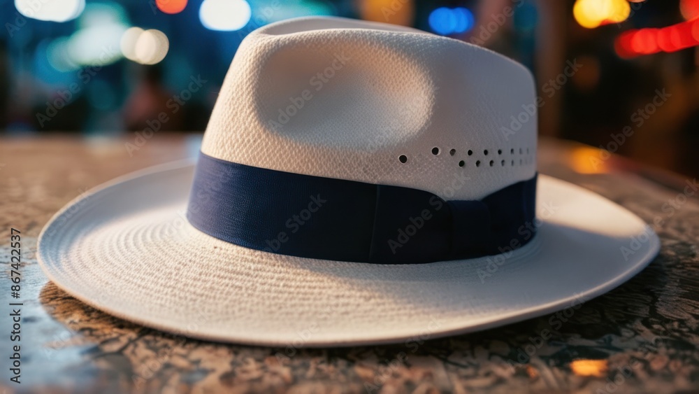 Wall mural a white hat with a blue brimle on it