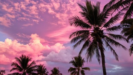 a palm tree with a pink sky in the background