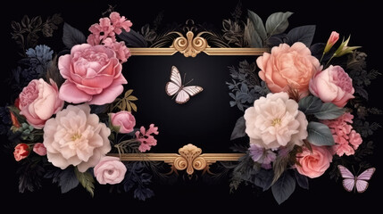 Floral card. Vintage flowers, butterflies with frame. Peonies, roses tulips, lily, hydrangea on black. Floral background. Baroque style floristic illustration., generative ai
