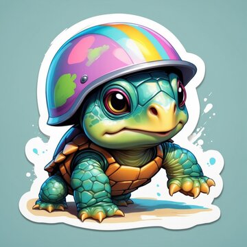 recommend clip art: Sticker of an adorable baby turtle wearing colorful helmet. 3D cartoon style with dynamic colors, isolated on a simple background.