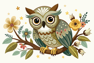 small Owl bird on a branch with flowers budding, use neutral colors with a hint of sage green and tan white background