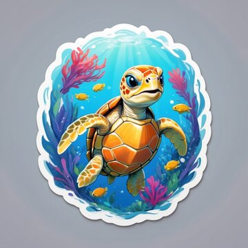 recommend clip art: Sticker of a cute baby turtle swimming in a vast ocean full of colorful coral reefs. 3D cartoon style with dynamic colors, isolated on a simple background.