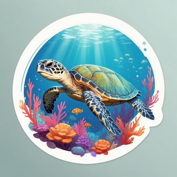 recommend clip art: Sticker of a cute baby sea turtle swimming in a vast ocean full of colorful coral reefs. 3D cartoon style with dynamic colors, isolated on a simple background.