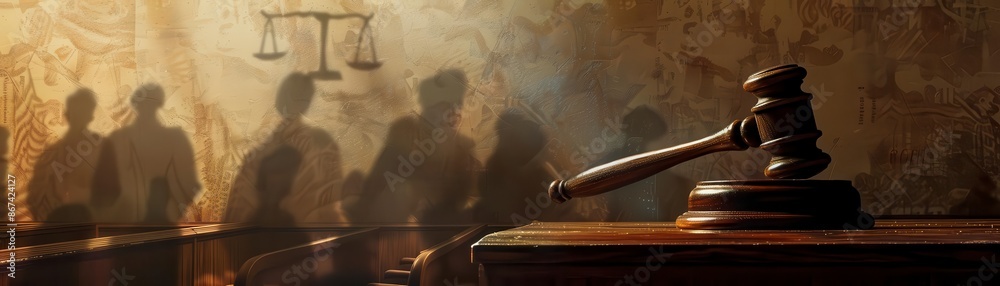 Wall mural the image shows a gavel resting on a wooden table in a courtroom. behind the table, there are severa