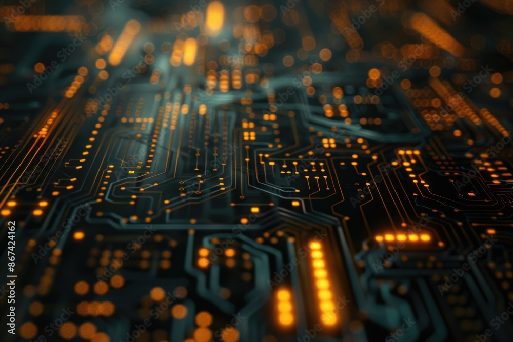 Poster a close-up view of a computer circuit board with various components and wires