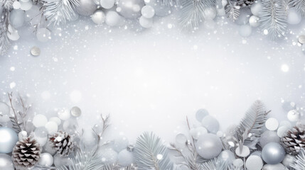 Winter holiday background. Christmas and New Year holiday horizontal border, banner. fir branches, silver baubles, snowflakes, pine cones and other ornaments. generative ai