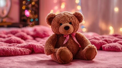 a teddy bear sitting on top of a pink surface