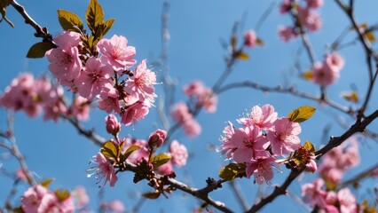 a branch with pink flowers against a blue sky