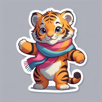 recommend clip art: Sticker of an adorable baby tiger wearing colorful scarf. 3D cartoon style with dynamic colors, isolated on a simple background.