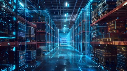 A futuristic warehouse with glowing digital data stream. Smart logistics