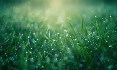  Vivid Drops on Freshly Watered Grass in the Morning Mist
