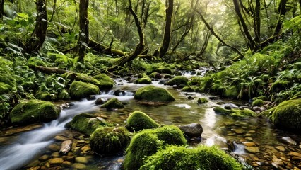 a stream running through a lush green forest