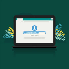 Downloading progress page on laptop screen vector illustration