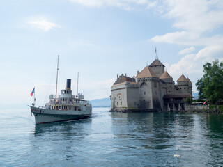 Steamboat by Chateau de Chillon in Geneva Lake