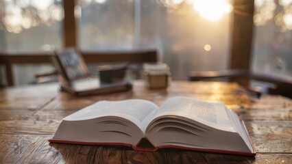 a white book sitting on top of a wooden table