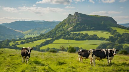 A herd of dairy Holstein cattle grazing in field allong the Wye Valley in the peak District of Derbyshire. Peaktor or Pictor in the background. 
