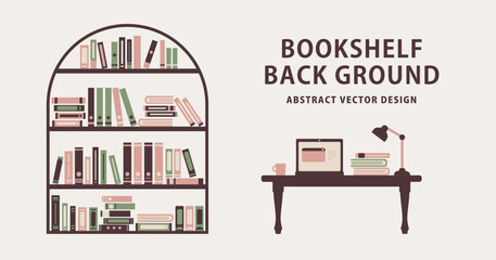 本棚とパソコンある背景イラスト _( ベクター 素材 シンプル フラット デザイン 勉強 スキルアップ 読書 作業 配色 秋 冬 かわいい 落ち着いた ) © neena 