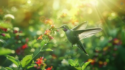 Fototapeta premium Hummingbird Feeding on Flowers in Sunlight