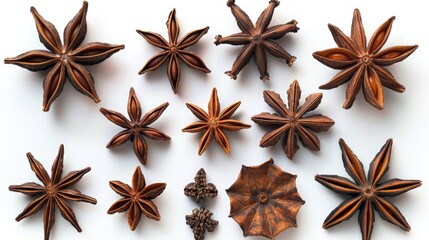 Fototapeta premium A collection of star anise on a plain white surface, useful for food or spice photography