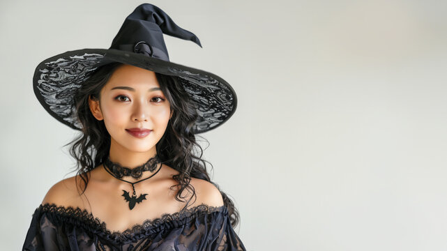 asian woman halloween witch hat black dress smiling isolated white background