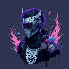 A cyberpunk demon assassin warrior ninja stands in a neon-lit alley, ready for action, with a glowing katana and futuristic armor.
