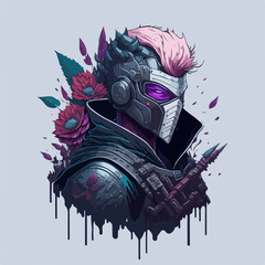 A cyberpunk demon assassin warrior ninja stands in a neon-lit alley, ready for action, with a glowing katana and futuristic armor.
