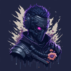 A cyberpunk demon assassin warrior ninja stands in a neon-lit alley, ready for action, with a glowing katana and futuristic armor.
