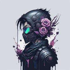 A cyberpunk demon assassin warrior ninja stands in a neon-lit alley, ready for action, with a glowing katana and futuristic armor.
