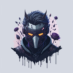 A cyberpunk demon assassin warrior ninja stands in a neon-lit alley, ready for action, with a glowing katana and futuristic armor.
