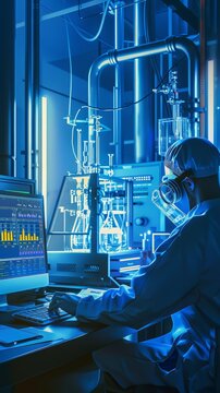 Scientist working in futuristic laboratory with advanced technology and equipment. Analyzing data on computer screens in a high-tech environment.