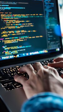 Close-up of a programmers hands typing on a laptop