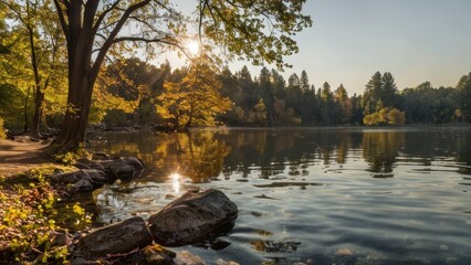 Obraz premium a large body of water surrounded by trees