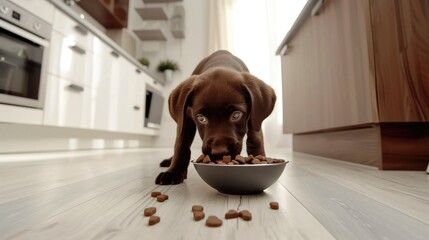 Playful Chocolate Labrador Puppy in Modern Kitchen