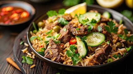 Spiced Beef Rice Dish with Cucumber and Lemon on Wooden Table