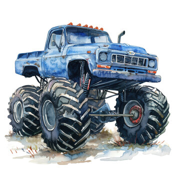 Illustration of an old blue monster truck with oversized tires, showcasing its rugged design and powerful build on a muddy surface.