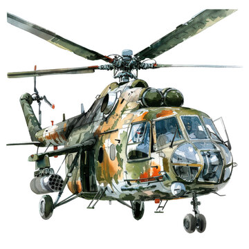 recommend clip art: Military helicopter in camouflage colors, detailed illustration of an aircraft used for defense purposes, isolated on white background.