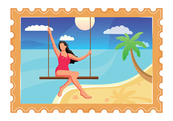 Summer holiday postcard. A girl rests on the beach by the sea. Concept of summer, warmth, vacation, tourist, travel.
