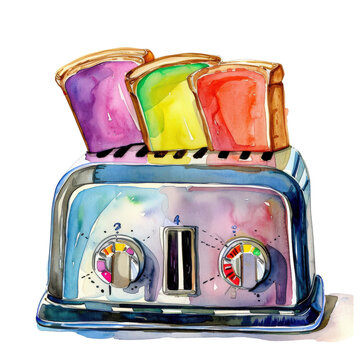 recommend clip art: Vibrant watercolor illustration of a toaster with colorful toast slices. Perfect for kitchen, food, and breakfast-related designs.