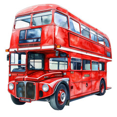 Vintage red double-decker bus illustration, iconic British transport symbol, isolated on white background.