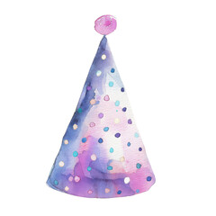 Watercolor festive party hat with colorful polka dots and a pompom, ideal for birthday celebrations and holiday events. Vibrant and playful design.