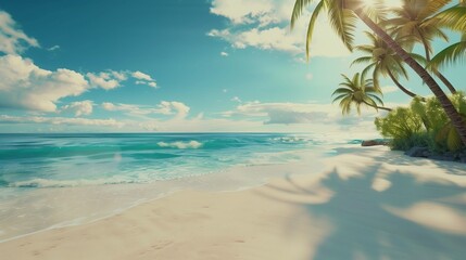 A peaceful beach with soft white sand, turquoise water, and palm trees swaying in the breeze.