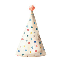 Watercolor illustration of a polka dot party hat with a pom-pom, perfect for festive celebrations or birthday party invitations.