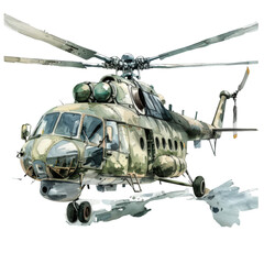 Watercolor illustration of a military helicopter in flight, detailed camo design, isolated on white background.